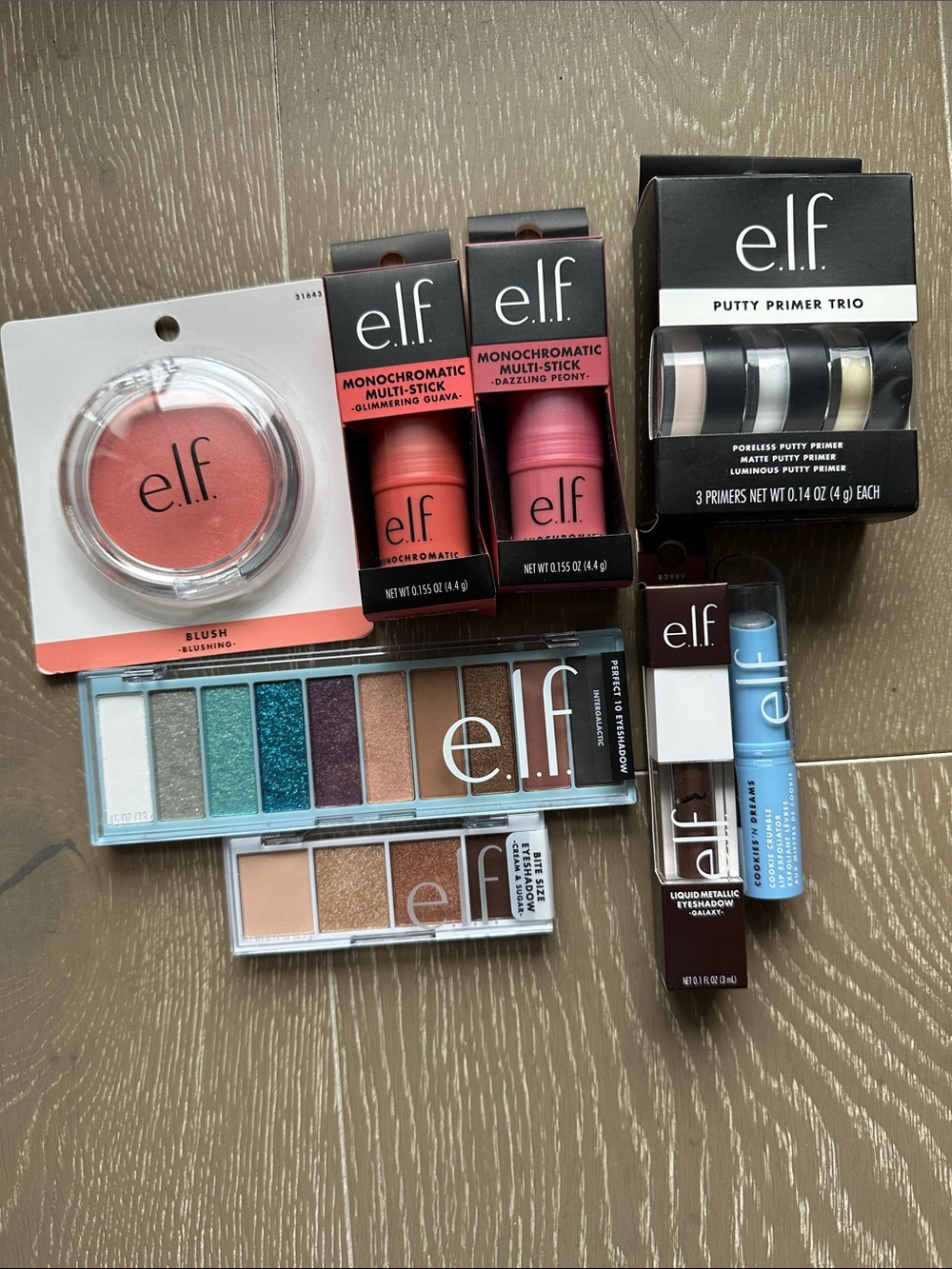 New e.l.f. Makeup Bundle - blush, multi stick, primer trio, eyeshadow, lip scrub